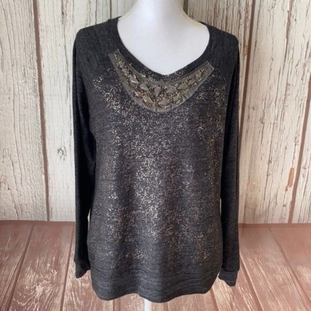 Lyla‎ Awake Top Shirt Womens Medium Gray Knit Beaded Embellished Art Metallic